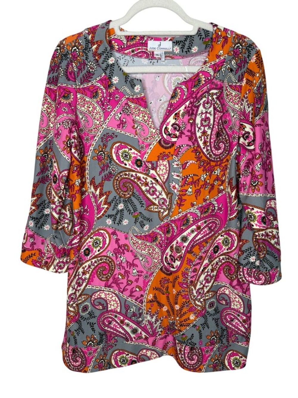 Jude Connally XL Pink Paisley Tunic Top 3/4 Sleeve Boho Colorful